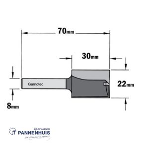 Rechte groeffrees, D=22, I=30, L=70, Z=Z2+1, S=Ø8, Kwaliteit=HW