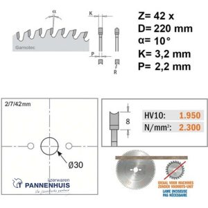 CMT Platencirkelzaag HW 220x30x3,2 Z42 Plaatmateriaal tweezijdig afgewerkt
