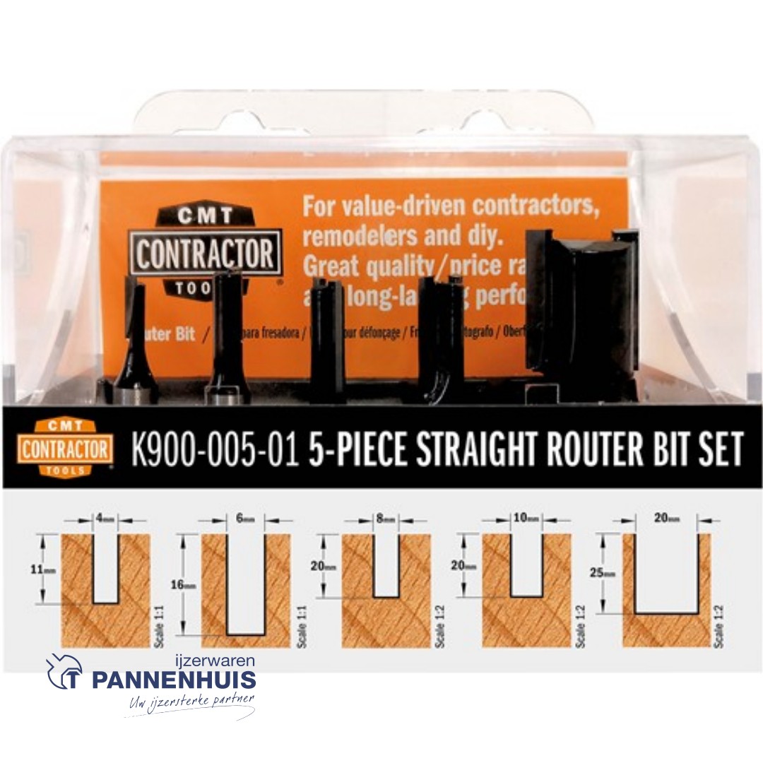 CMT Set van 5 frezen Contractor in pvc kistje HW S=8mm D=4/ 6/ 8/ 10/ 20mm