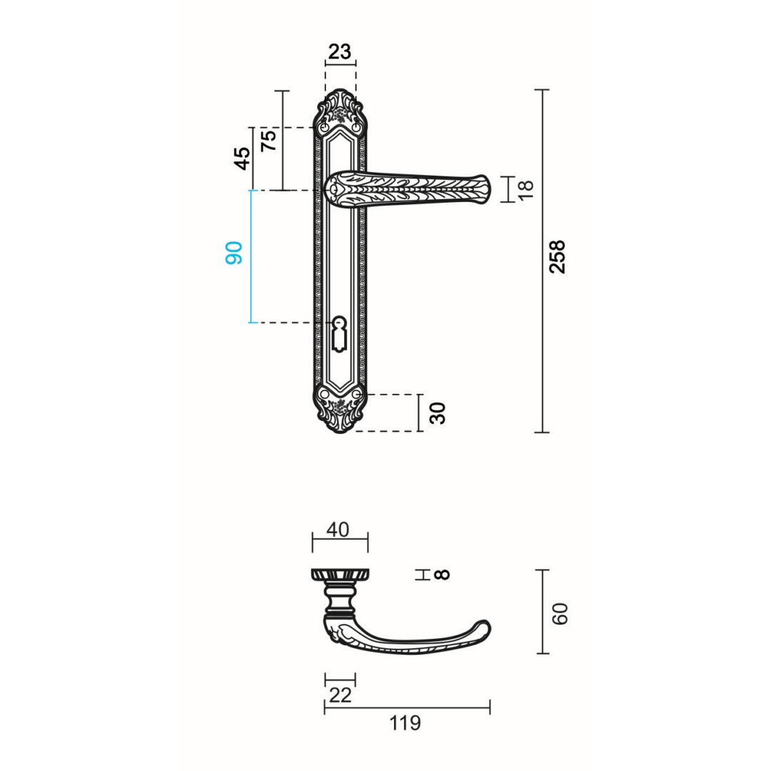 Deurkruk Pro LYDIA BRONS PLAAT+KEY 90MM - Afbeelding 2