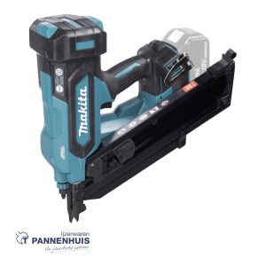 Makita DBN900ZK 18V 34° 18V LXT® constructie nagelmachine voor nagels met halfronde kop.