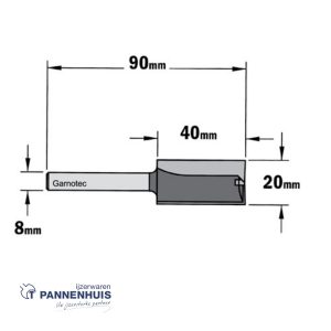 Rechte groeffrees, D=20, I=40, L=90, Z=Z2+1, S=Ø8, Kwaliteit=HW
