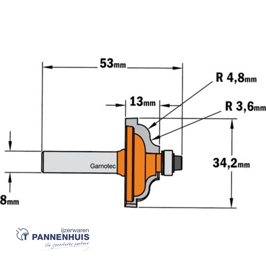 CMT Profielfrees met kogellager, HW D=34,2 x 13mm R=4,8 L=53 S=8 Z2 - Afbeelding 2