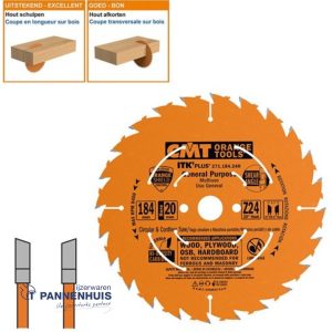 CMT Schulpcirkelzaag HW 184×20(+16 +15,87)x1,7 Z24 Massieve houtsoorten, Multiplex