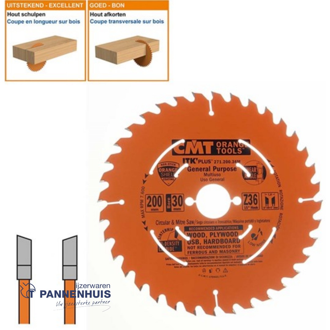 CMT Schulpcirkelzaag HW 200x30x1,8 Z36 Massieve houtsoorten, Multiplex