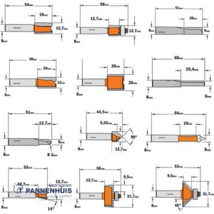 CMT 15-delige bovenfrezenset in oranje opbergkoffer, HW S=8mm Z2