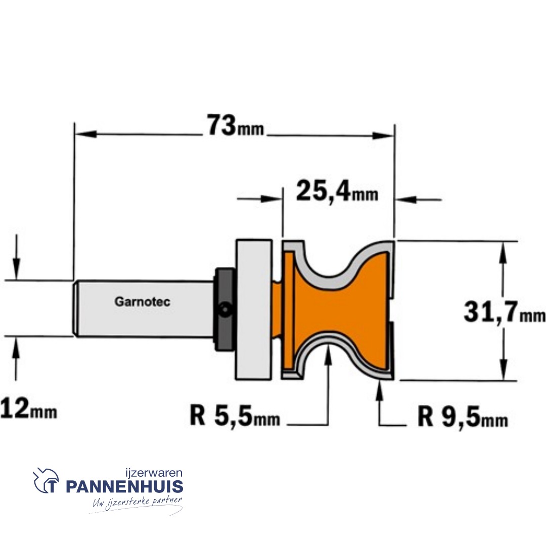 CMT HW vensterbankfrees met geleidelager op de schacht, HW D=31,7 x 25,4mm R=9,5 L=73 S=12 Z2 - Afbeelding 2