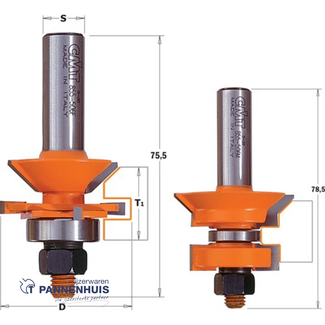 CMT Frezenset tand- en groefverbinding met V-groef HW D=44,4mm L=75,5 L=78,5 S=12 Z2