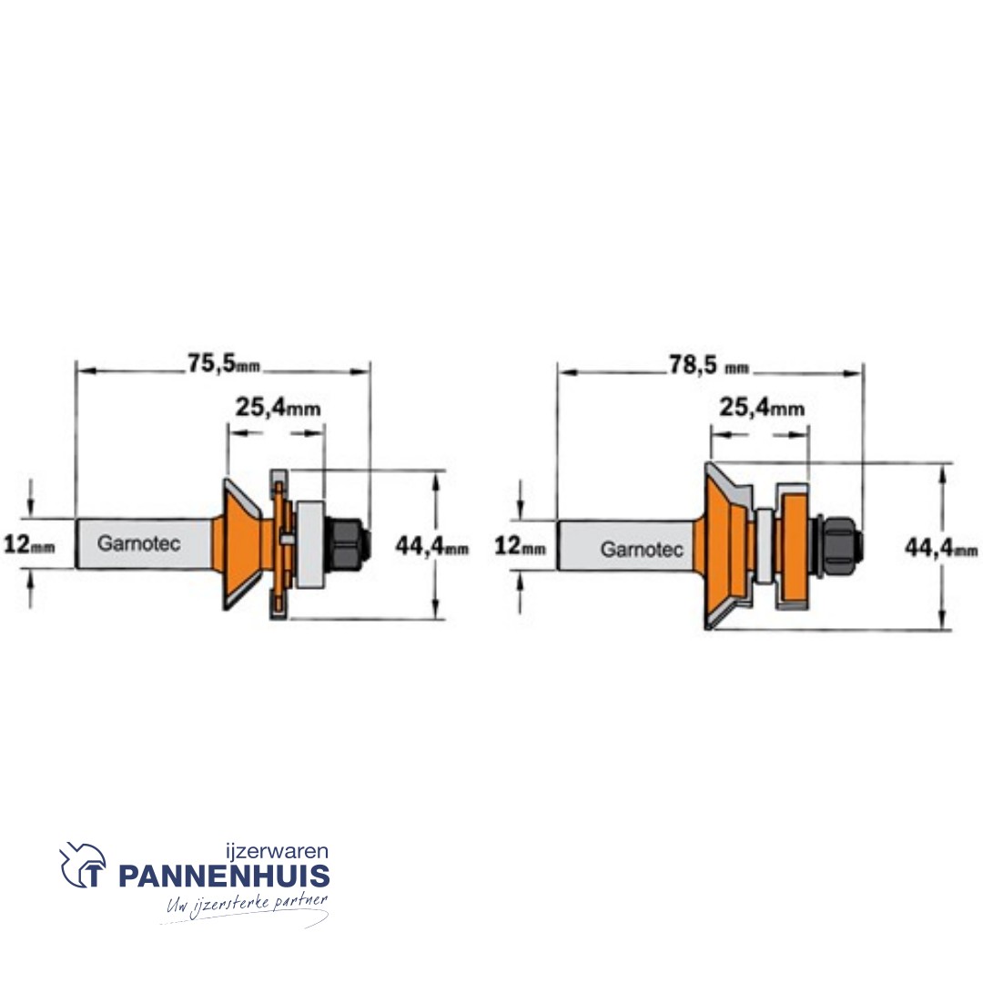 CMT Frezenset tand- en groefverbinding met V-groef HW D=44,4mm L=75,5 L=78,5 S=12 Z2 - Afbeelding 2