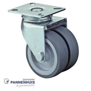 Zwenkwiel dubbel Ø 75mm 80kg op plaat grijze gummi