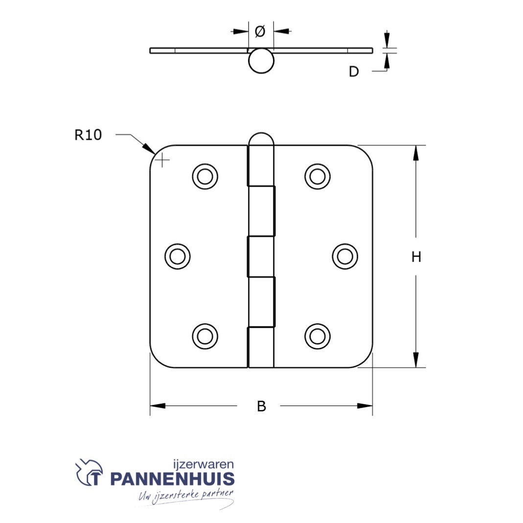 Bolscharnier ronde hoeken, losse pen, 76x76mm RVS - Afbeelding 2