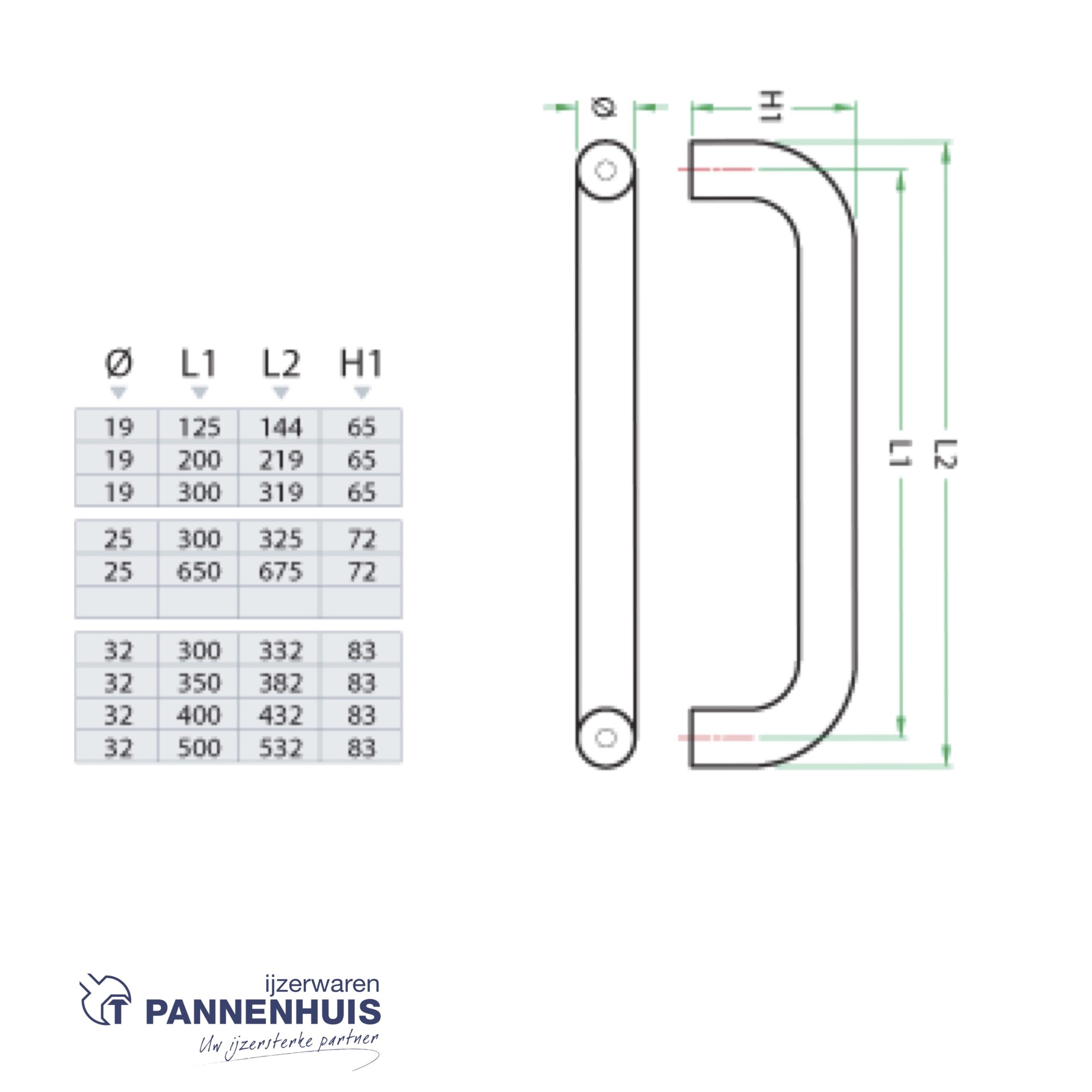Ivana U-greep PH 60 Dia 19 - 400 mm enkel - Afbeelding 3