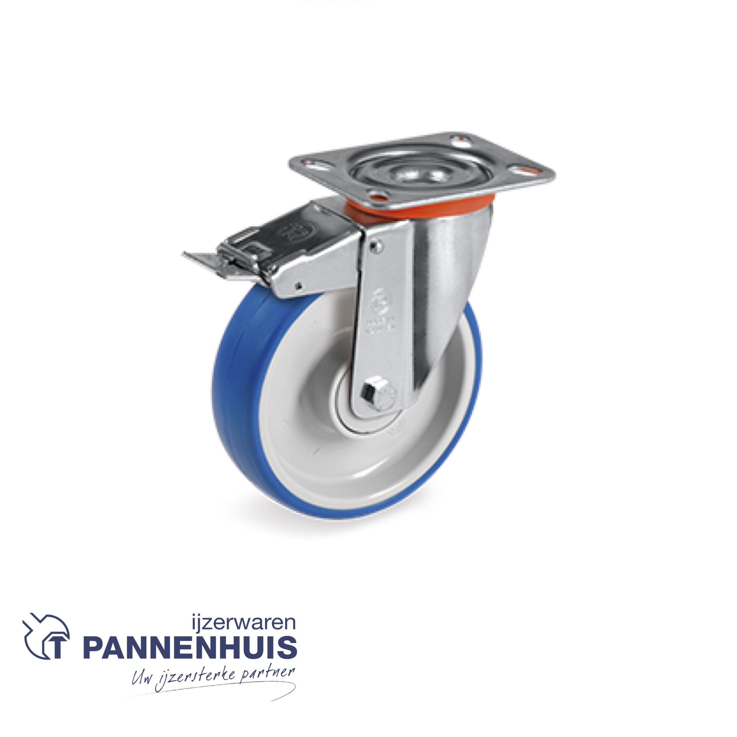 Wiel polyurethaan draaibare bovenplaat type NL met rem 125x35 Blauw
