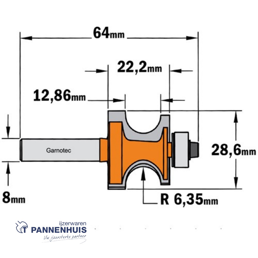 CMT Profielfrees met kogellager, HW D=38,1 x 18mm R=6,4 L=60 S=8 Z2 - Afbeelding 2