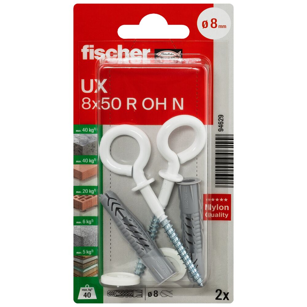 fischer Universeelplug UX 8 x 50 R OH met rand en ooghaak (blister) - Afbeelding 2
