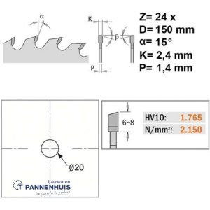 CMT Universele cirkelzaag HW 150x20x2,4 Z24 Massieve houtsoorten, Multiplex