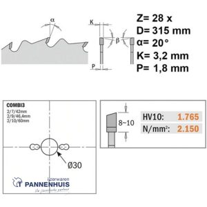 CMT Schulpcirkelzaag HW 315x30x2,8 Z28 Massieve houtsoorten