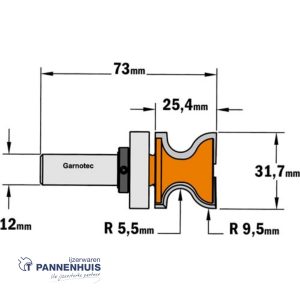 CMT HW vensterbankfrees met geleidelager op de schacht, HW D=31,7 x 25,4mm R=9,5 L=73 S=12 Z2