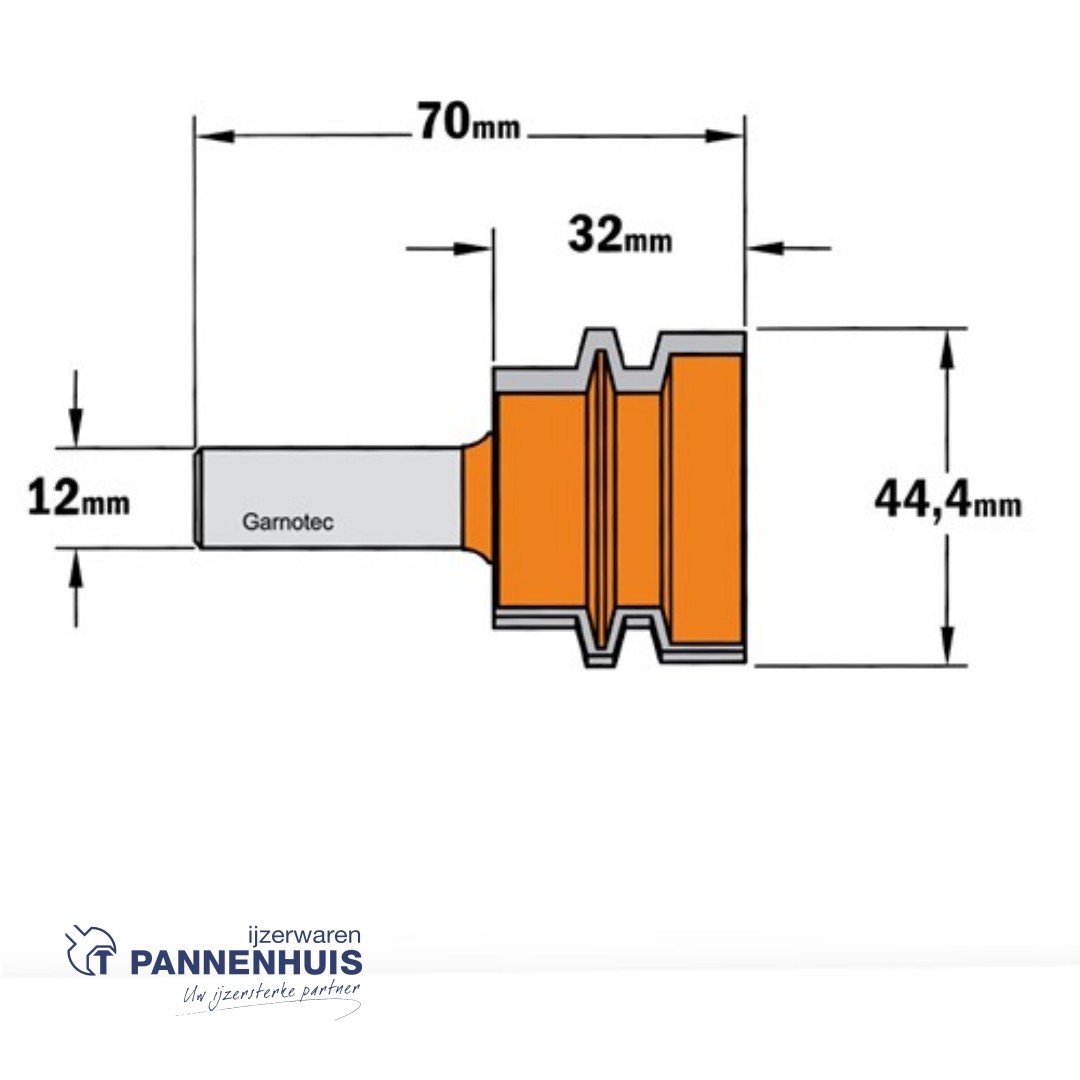 CMT Trapezium verlijmfrees HW D=44,4 x 32mm L=70 S=12 Z2 - Afbeelding 2