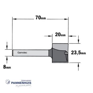 Rechte groeffrees, D=23,5, I=20, L=70, Z=Z2+1, S=Ø8, Kwaliteit=HW
