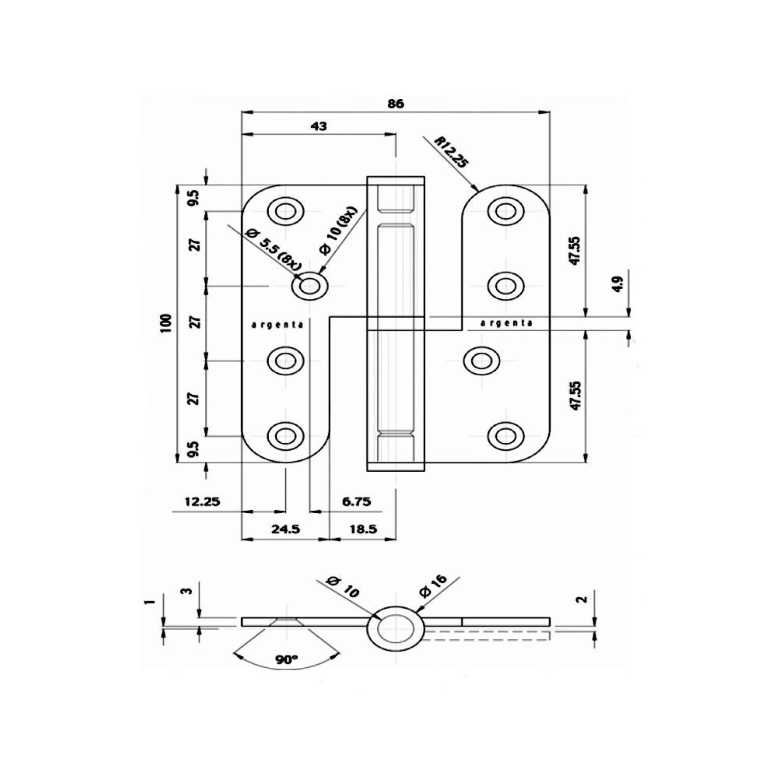 inox paumel 100 x 86 x 16 rechts afgerond ARGENTA - Afbeelding 2