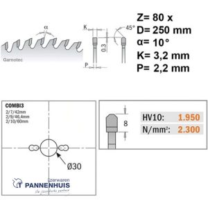 CMT Platencirkelzaag HW 250x30x3,2 Z80 HPL, Kunststof