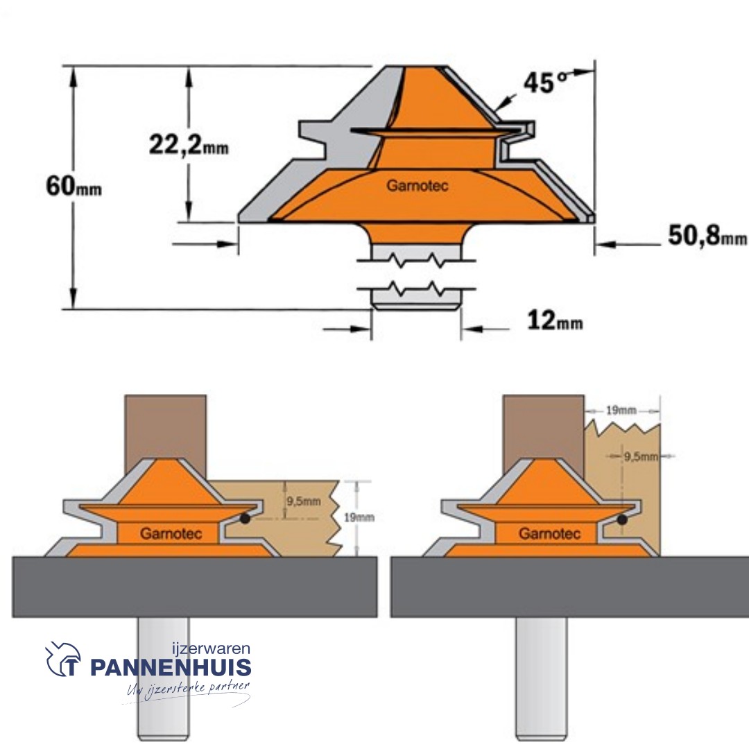 CMT Verstekfrees met rechte hoeken, HW D=50,8 x 22,2mm 45° L=60 S=12 Z2 - Afbeelding 2