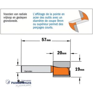 CMT Groeffrees met rechte snijkoppen HW D=19 x 20mm L=57,2 S=8 Z2