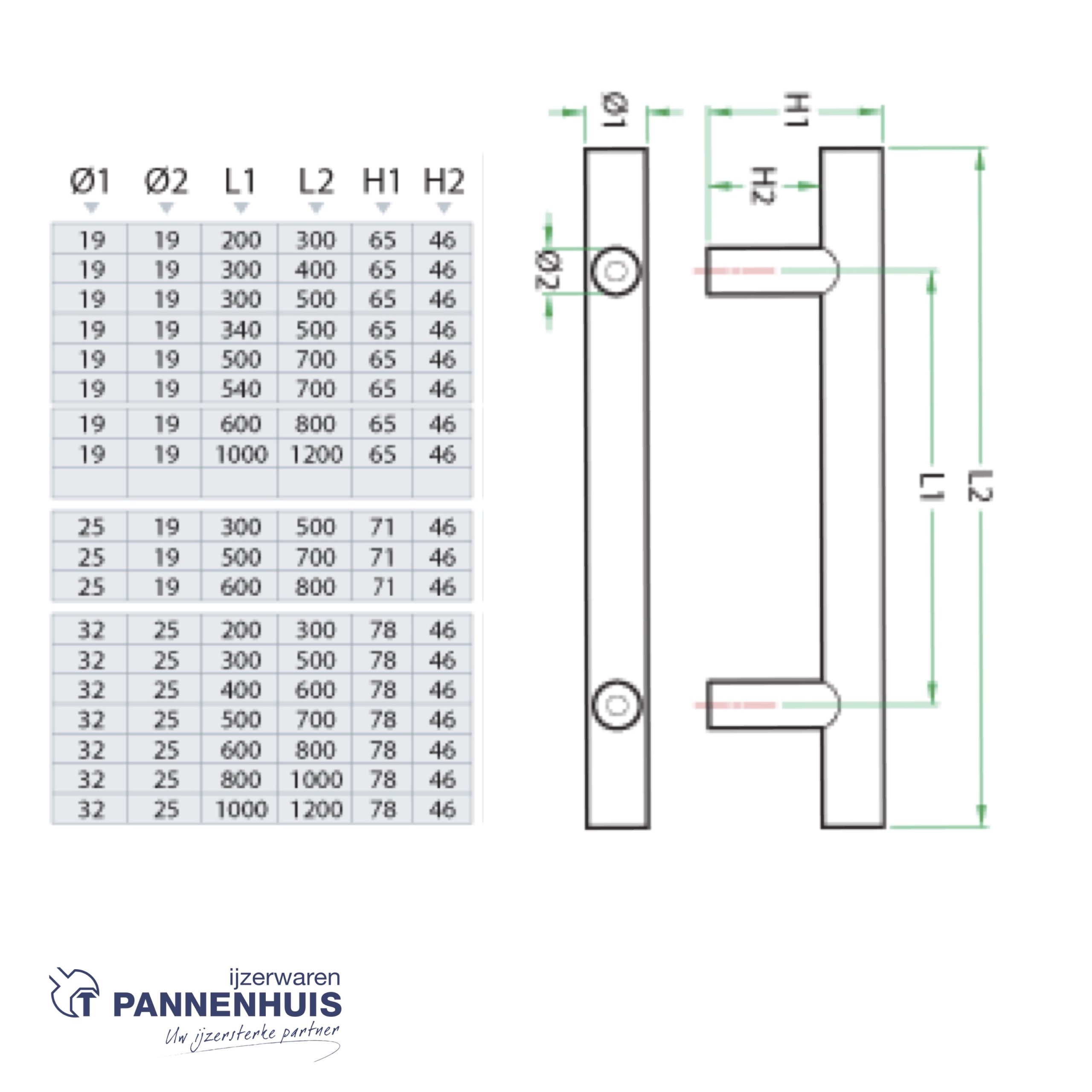 Ivana T-Greep PH 70 Ø 32 - 700 mm as 500 mm enkel - Afbeelding 3