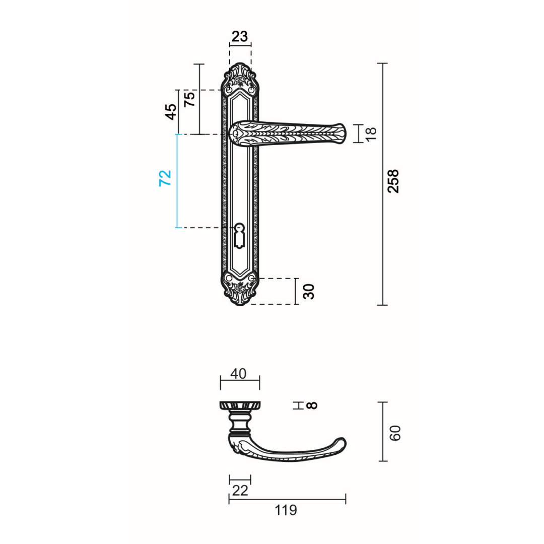 Deurkruk Pro LYDIA BRONS PLAAT+KEY 72MM - Afbeelding 2