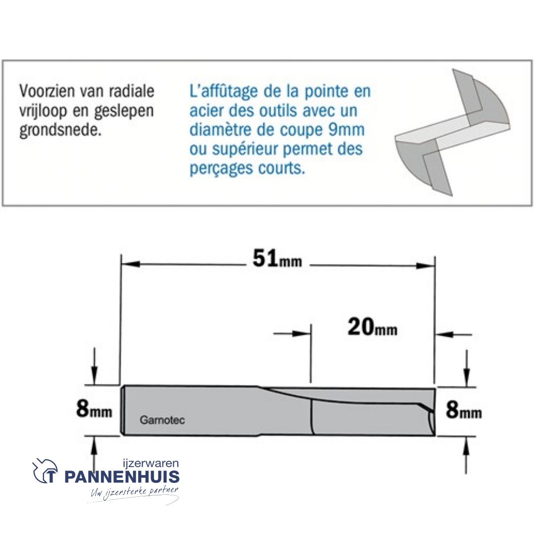 CMT Groeffrees met rechte snijkoppen, HWM D=8 x 20mm L=50 S=8 Z2 - Afbeelding 2