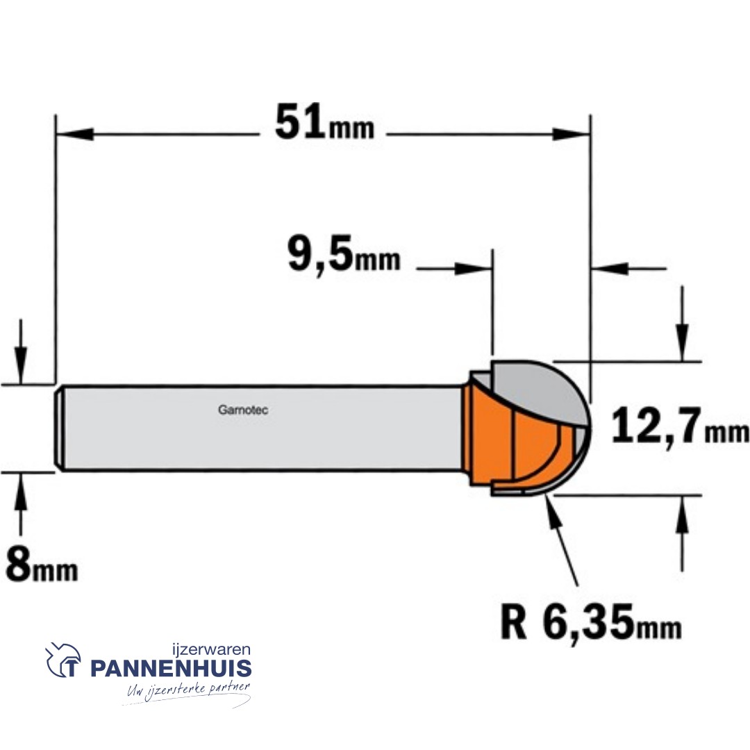 CMT Bolle radiusfrees HW D=12,7 x 9.5mm R=6,35 L=50,8 S=8 Z2 - Afbeelding 2