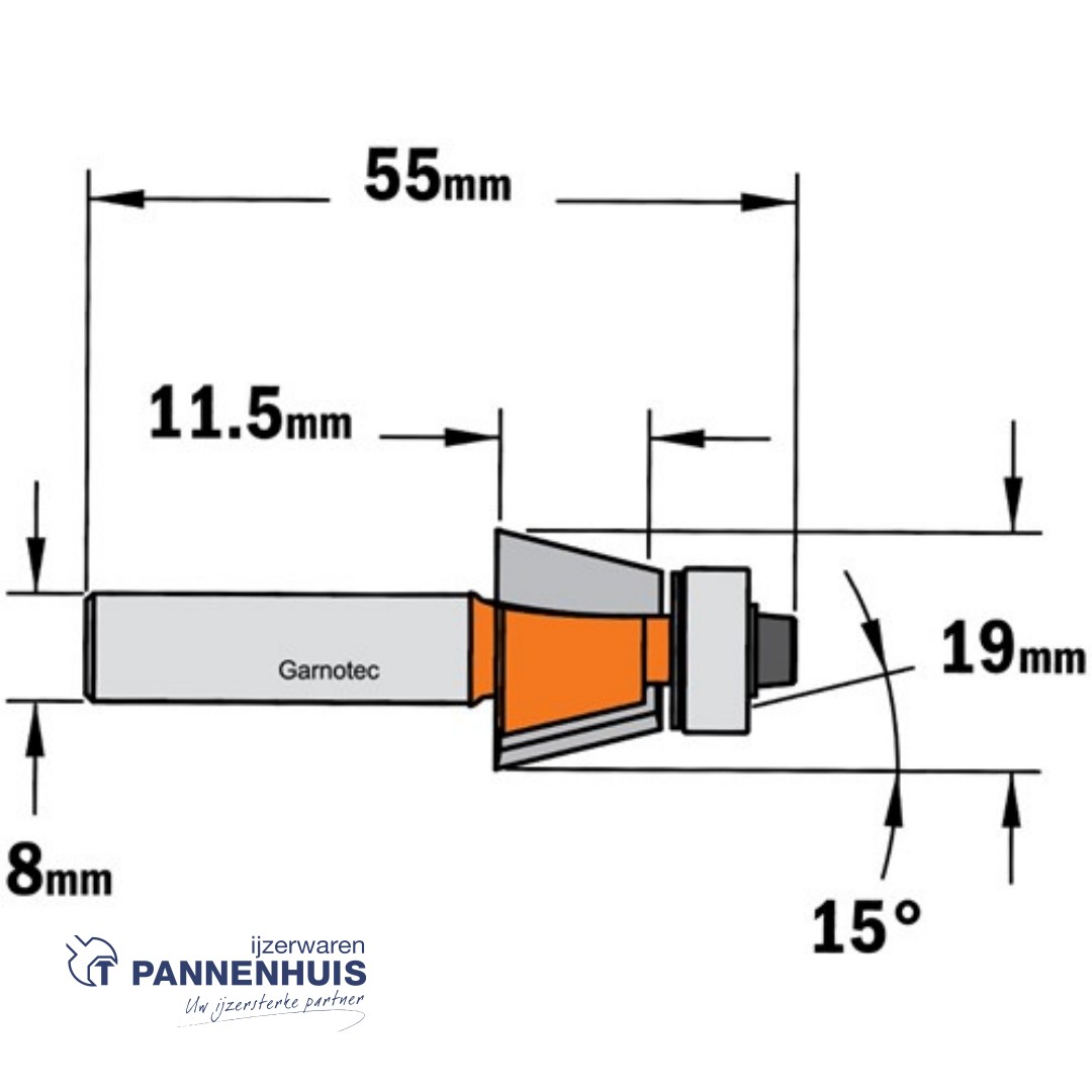 CMT Afkantfrees met kogellager HW D=19 x 11.5mm 15° L=55 S=8 Z2 - Afbeelding 2