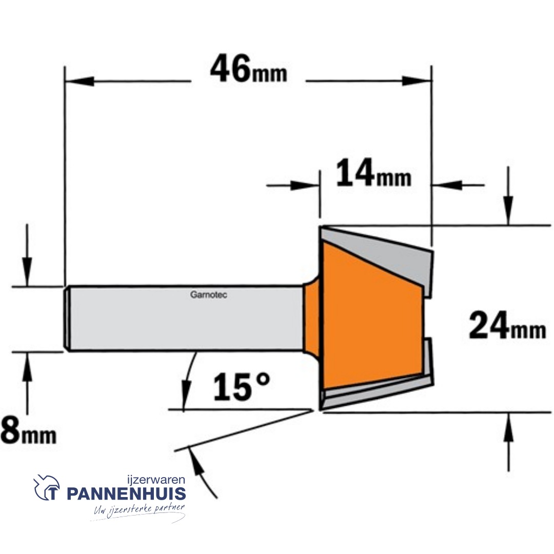 CMT Afkantfrees zonder kogellager HW D=24 x 14mm 15° L=46 S=8 Z2 - Afbeelding 2