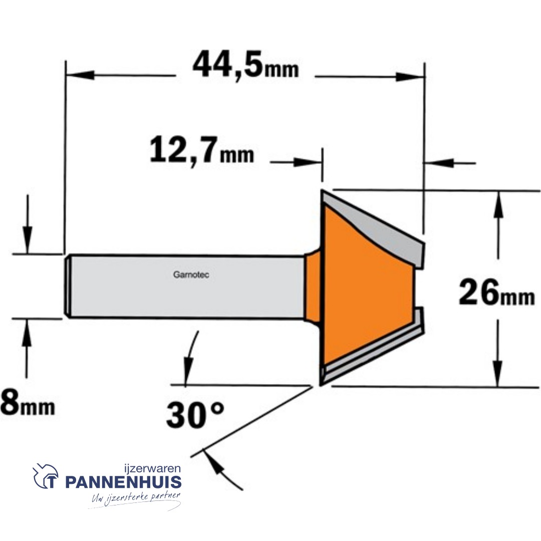 CMT Afkantfrees zonder kogellager HW D=24 x 12mm 30° L=44 S=8 Z2 - Afbeelding 2