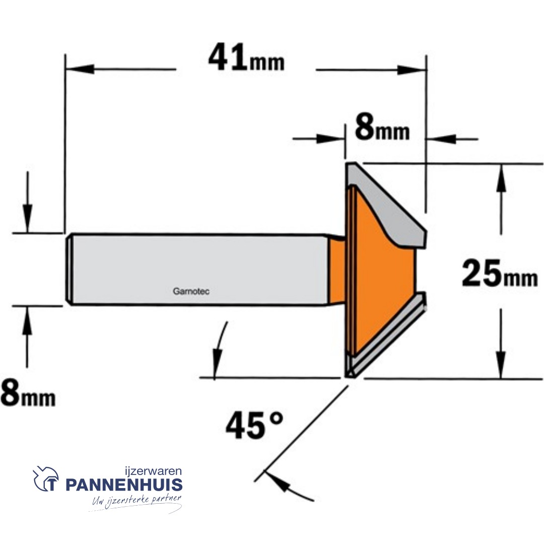 CMT Afkantfrees zonder kogellager HW D=25 x 8mm 45° L=41 S=8 Z2 - Afbeelding 2
