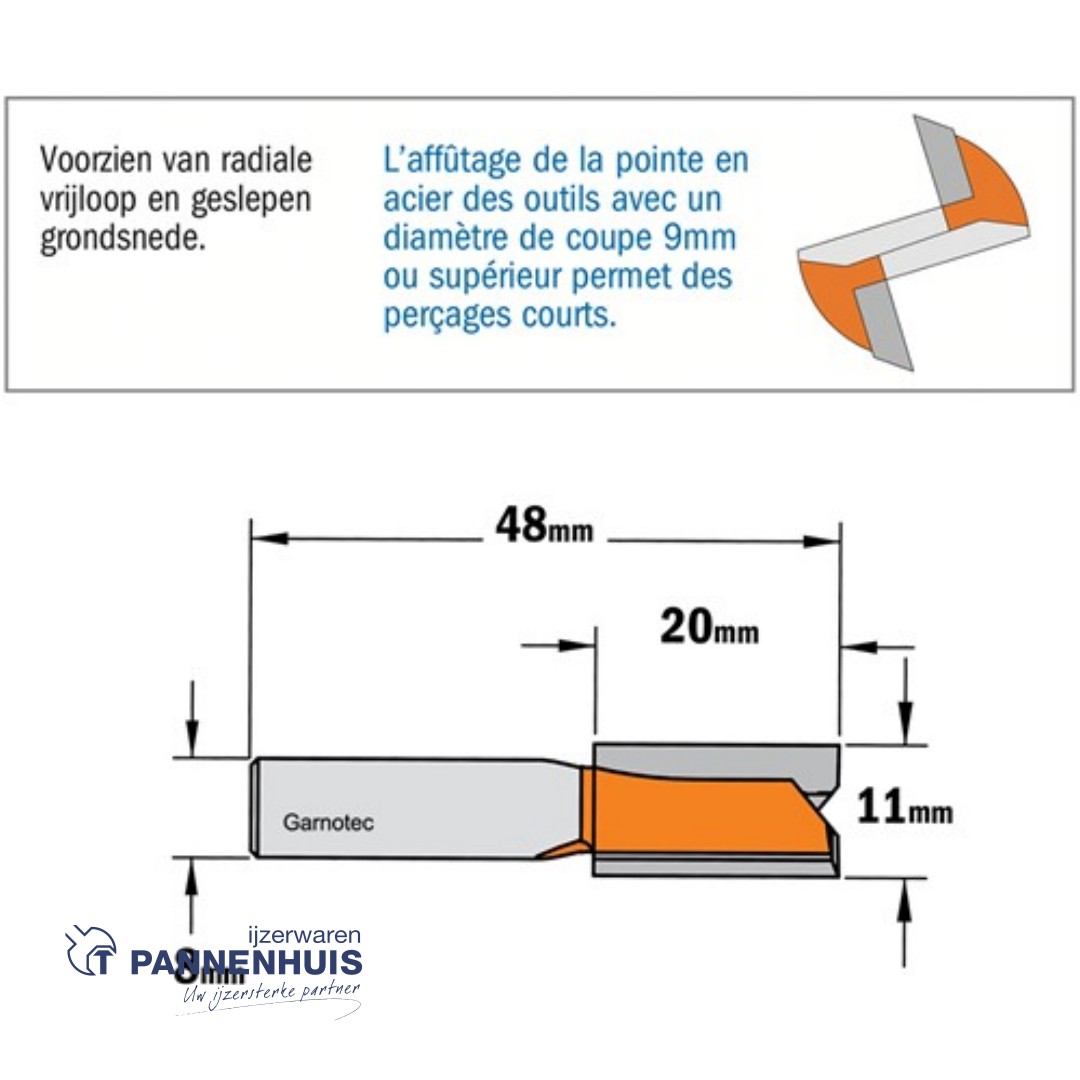 CMT Groeffrees met rechte snijkoppen, HW D=11 x 20mm L=48 S=8 Z2 - Afbeelding 2