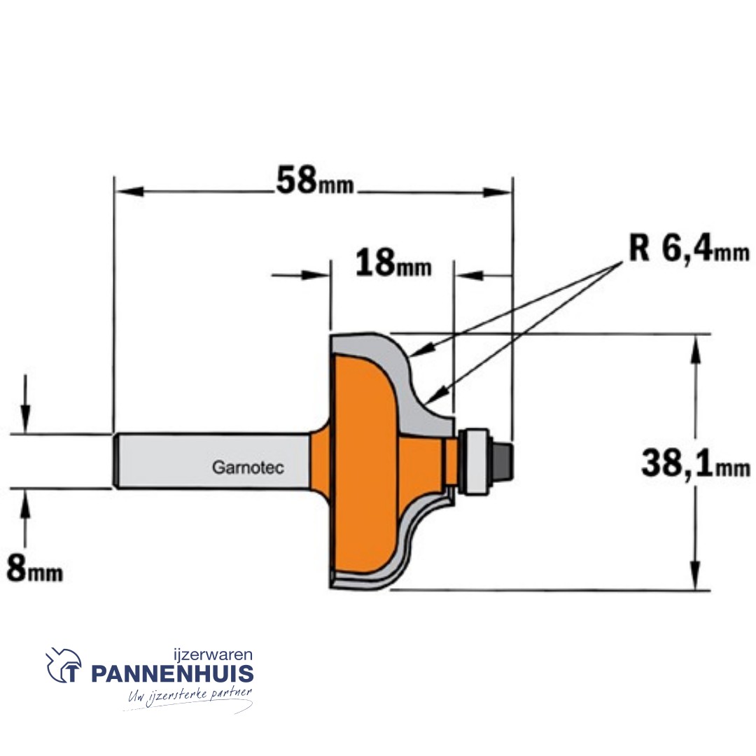 CMT Profielfrees met kogellager, HW D=38,1 x 18mm R=6,4 L=58 S=8 Z2 - Afbeelding 2