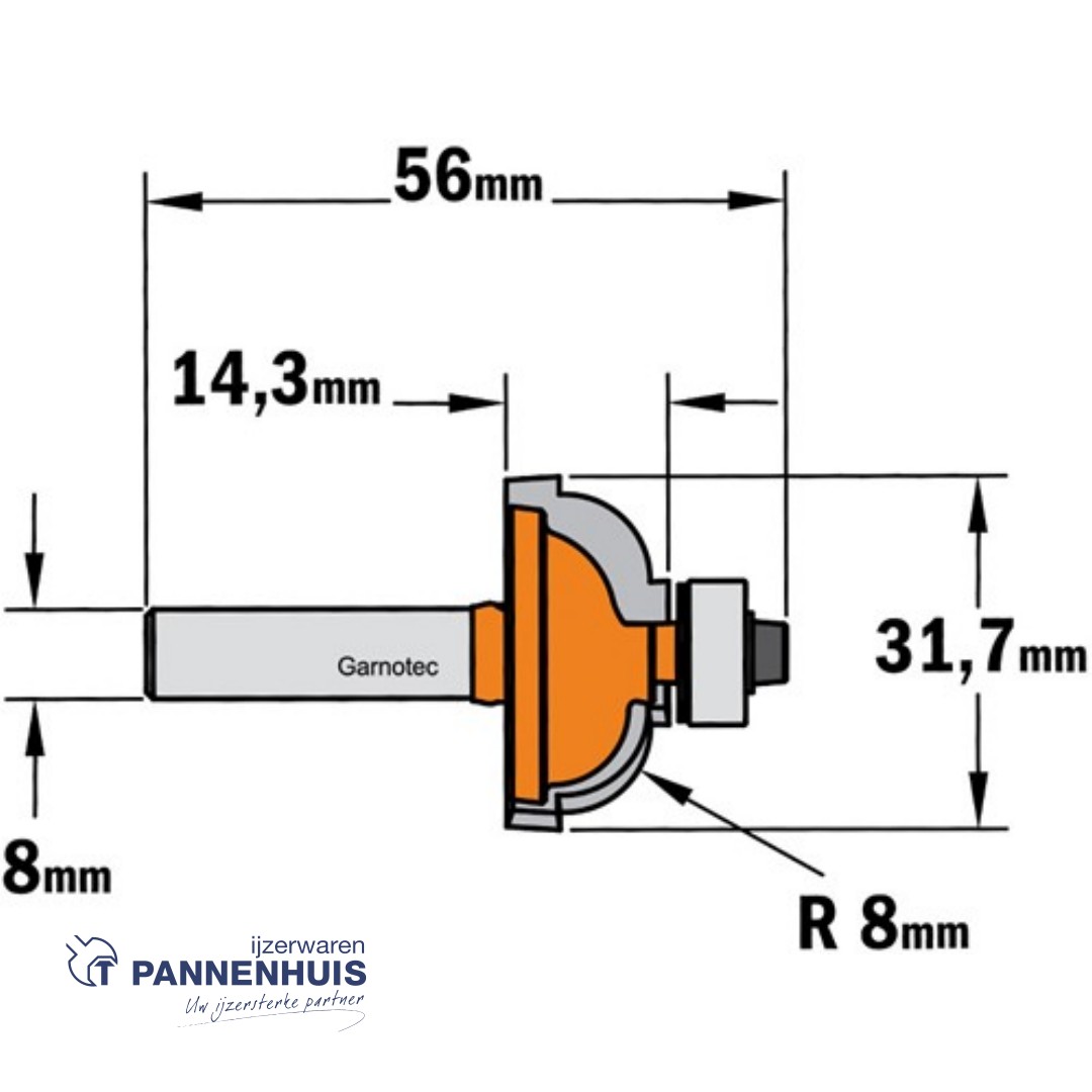 CMT Bolle radiusfrees met kogellager HW D=31,7 x 14,3mm R=8 L=56 S=8 Z2 - Afbeelding 2