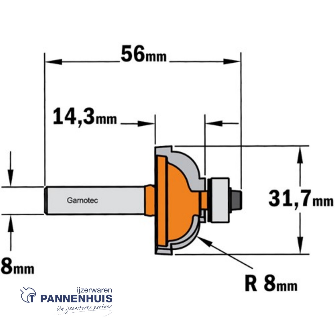 CMT Bolle radiusfrees met kogellager HW D=31,7 x 14,3mm R=8 L=55 S=8 Z2 - Afbeelding 2