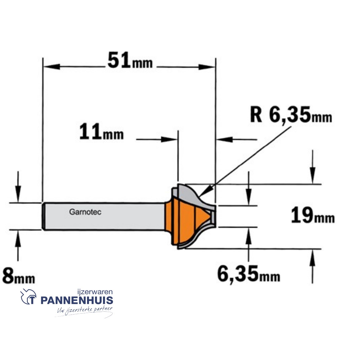 CMT Klassieke profielfrees, HW D=19 x 11mm R=6,4 L=51 S=8 Z2 - Afbeelding 2