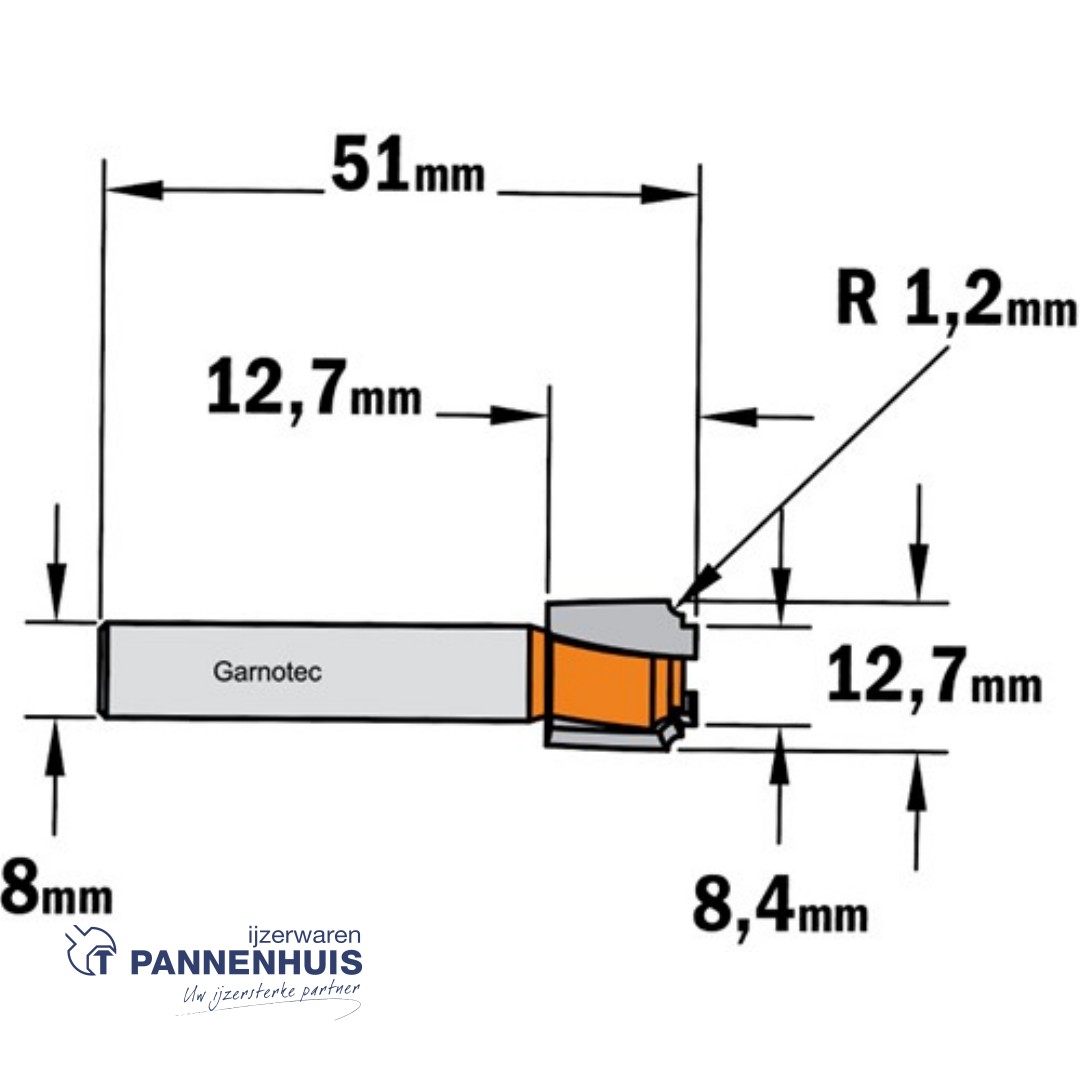CMT Klassieke profielfrees, HW D=12,7 x 12,7mm R=1,2 L=51 S=8 Z2 - Afbeelding 2