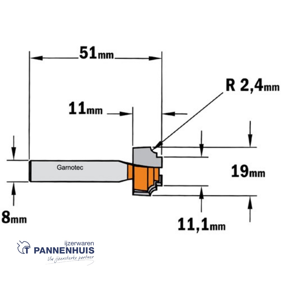 CMT Klassieke profielfrees, HW D=19 x 11mm R=2,4 L=51 S=8 Z2 - Afbeelding 2