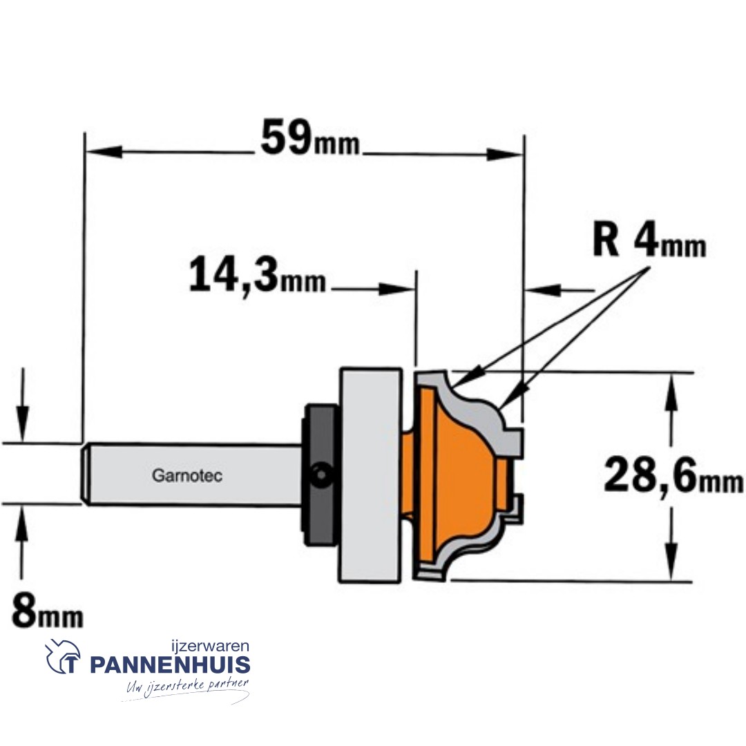 CMT Klassieke profielfrees met kogellager, HW D=28,6 x 14,3mm R=4 L=59 S=8 Z2 - Afbeelding 2