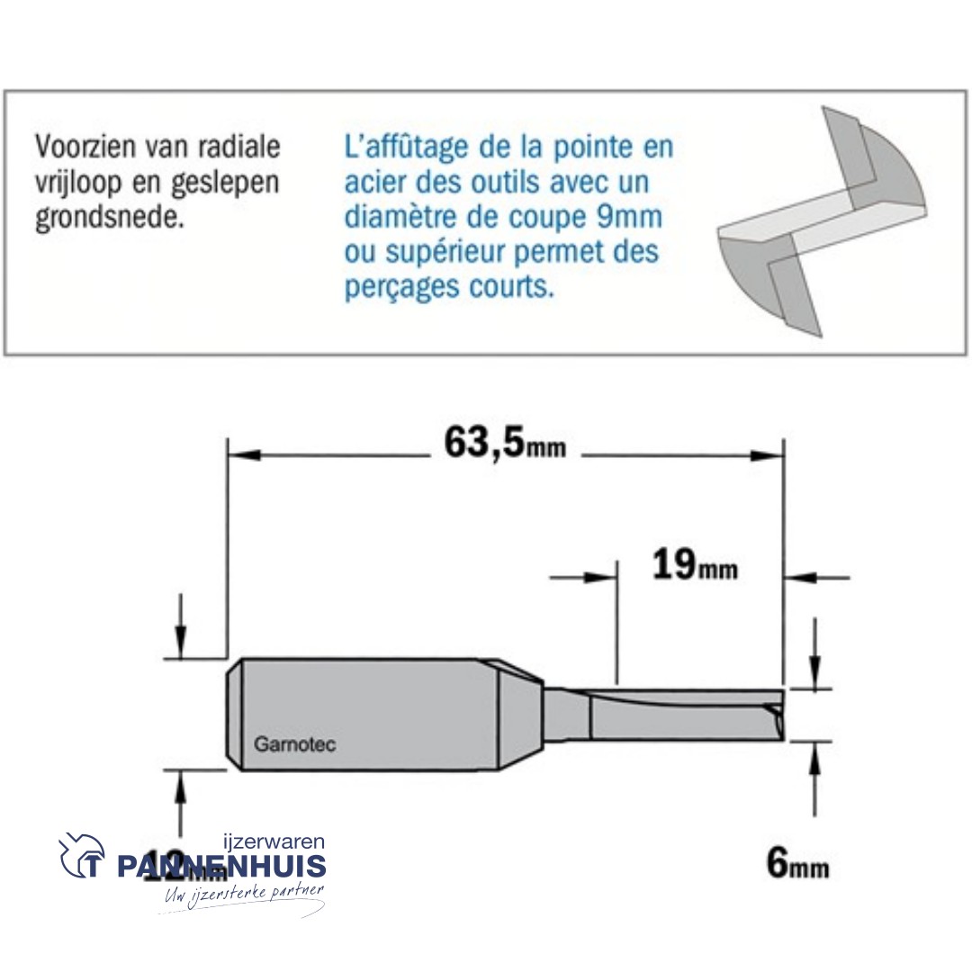 CMT Groeffrees met rechte snijkoppen, HWM D=6 x 19mm L=63,5 S=12 Z2 - Afbeelding 2