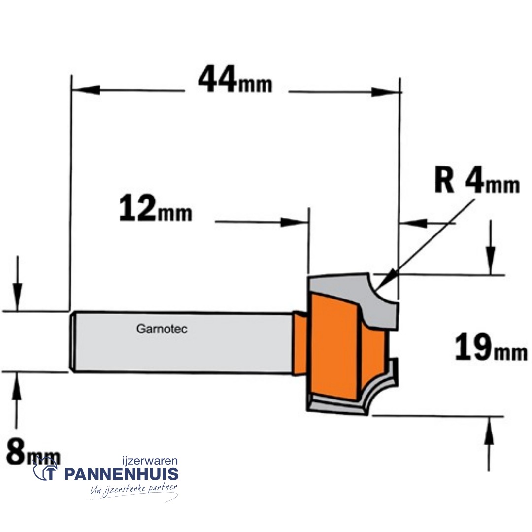 CMT Holle radiusfrees HW D=19 x 12mm R=4 L=44 S=8 Z2 - Afbeelding 2
