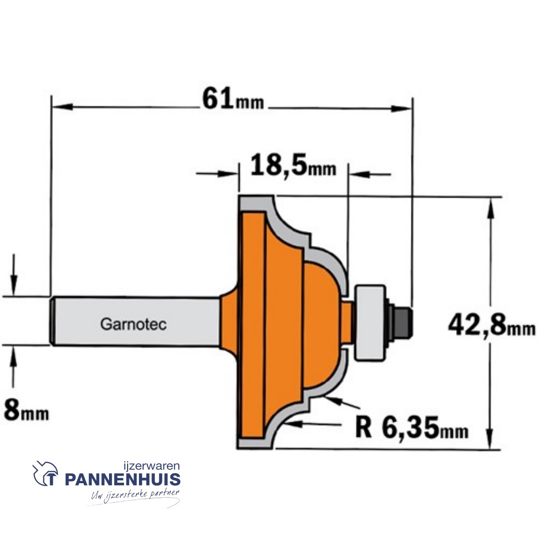 CMT Profielfrees met kogellager, HW D=42,8 x 18.5mm R=6,35 L=61 S=8 Z2 - Afbeelding 2