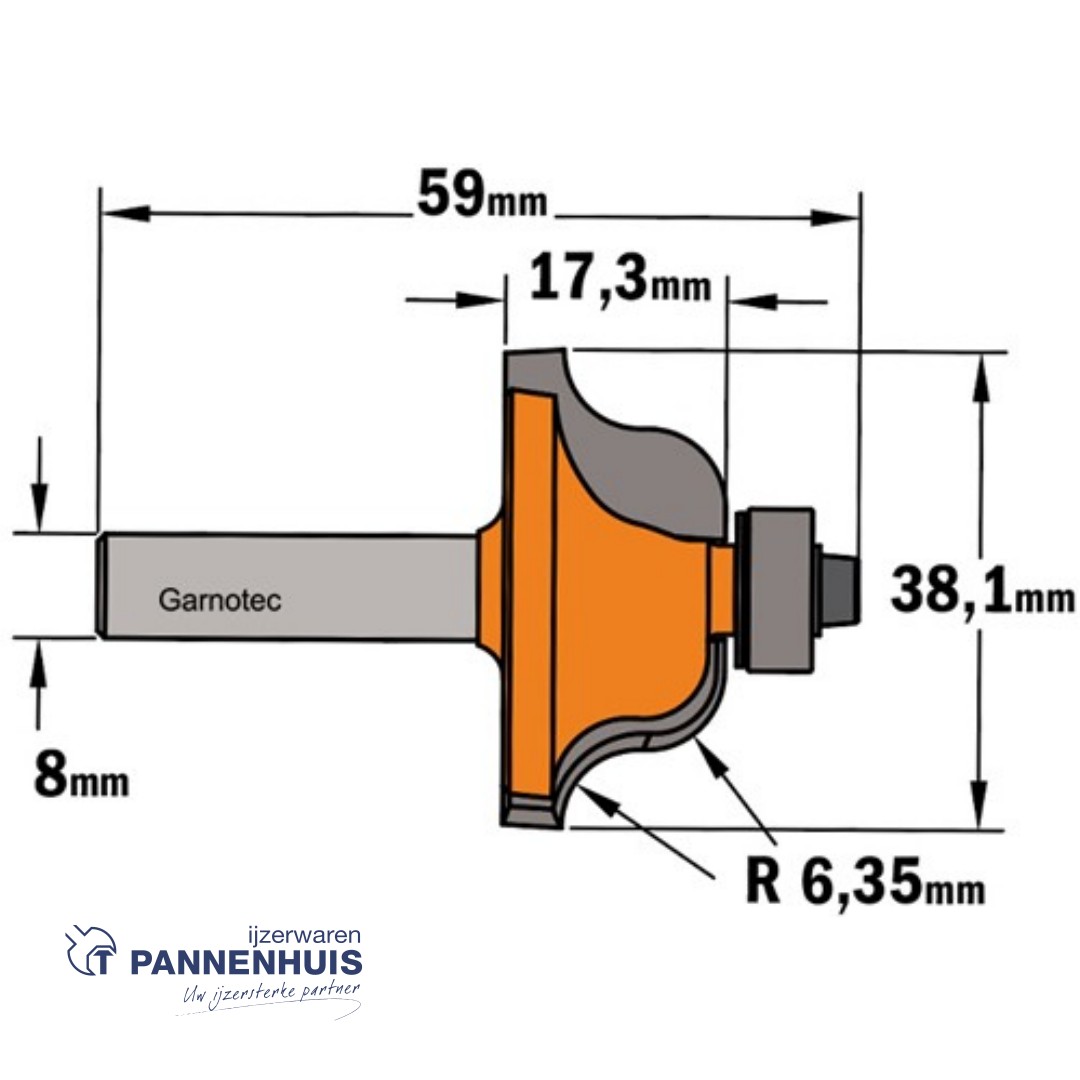 CMT Profielfrees met kogellager, HW D=38,1 x 17.3mm R=6,4 L=59 S=8 Z2 - Afbeelding 2