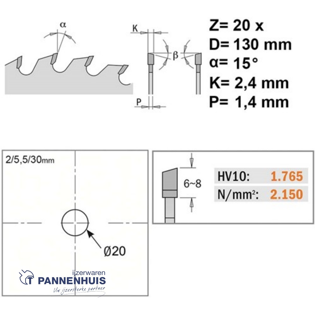 CMT Universele cirkelzaag HW 130x20x2,4 Z20 Massieve houtsoorten, Multiplex - Afbeelding 2