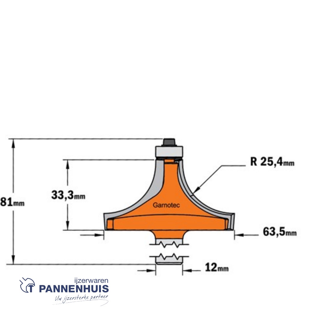 CMT Holle radiusfrees zonder opstaande kant, HW D=63,5 x 33.3mm R=25,4 L=81 S=12 Z2 - Afbeelding 2